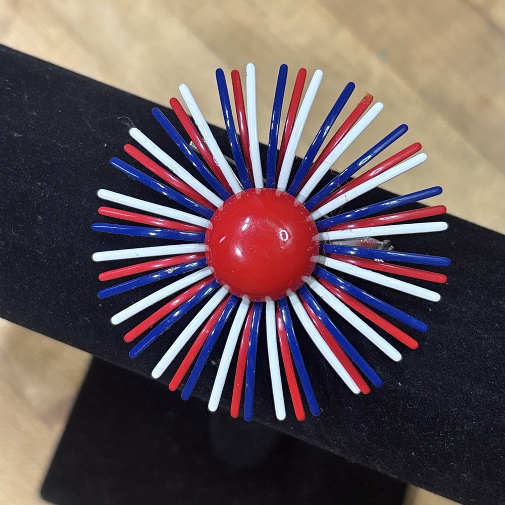 Vintage 1960s Red White Blue Enamel Starburst Firework Brooch Patriotic Mod